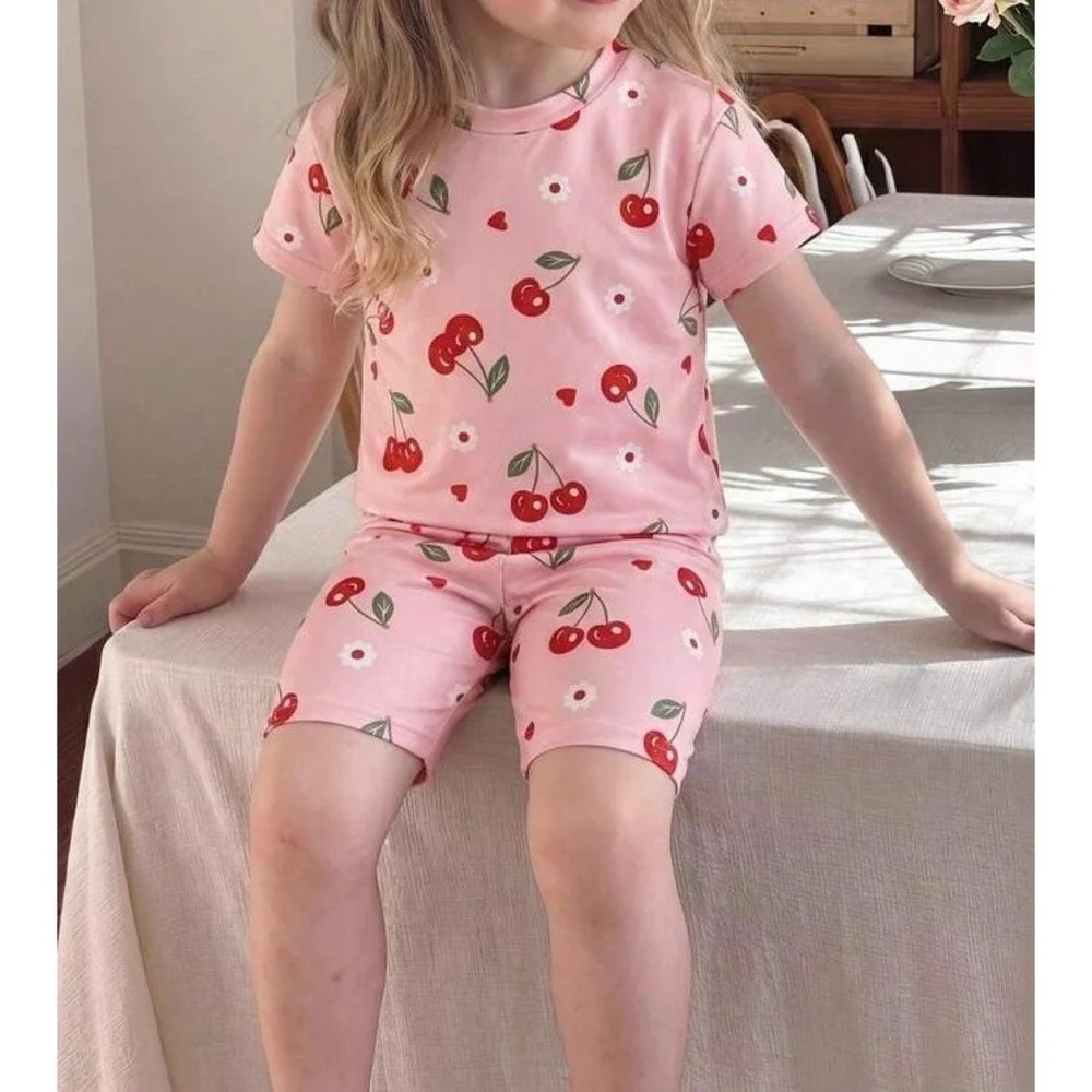 Girls Pink Cherry Daisy Heart Print Pajama Set Short Sleeve Shirt Shorts 2PC